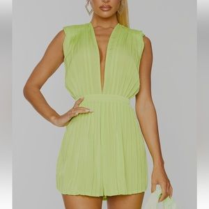 NWT Lime pleated shoulder pad plunge play suit